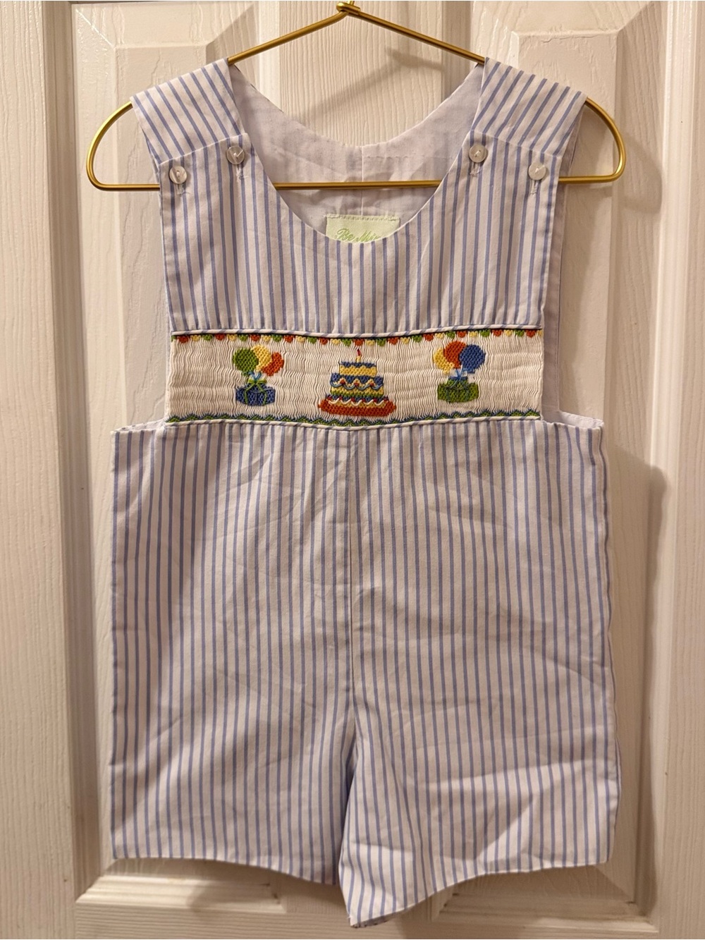 Embroidered Blue & White Striped Smocked Short-all, Birthday Cake, Balloons 2T